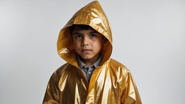 Young Hispanic boy in gold themed raincoat on background 