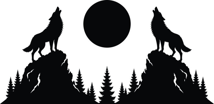 Wolf silhouettes howling at the moon black and white vector illustration