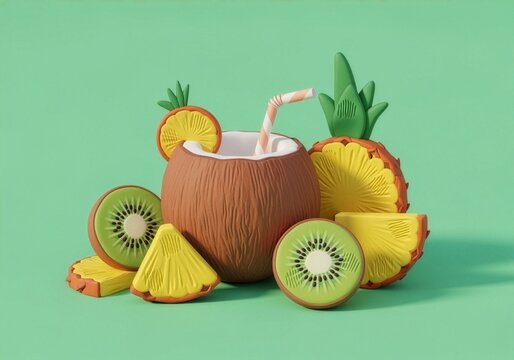 Urocza i unikalna grafika 3D przedstawiająca koktajl kokosowy oraz plasterki kiwi i ananasa, wyglądające jak ulepione z plasteliny lub gliny modelarskiej. Matowe, miękkie tekstury