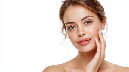 Fototapeta premium Beautiful young woman with clear skin and natural makeup touching face