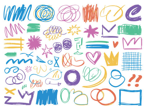 Hand drawn colorful felt tip pen doodle shapes vector illustration with messy scribbles, hearts, crowns, grids and marker highlights