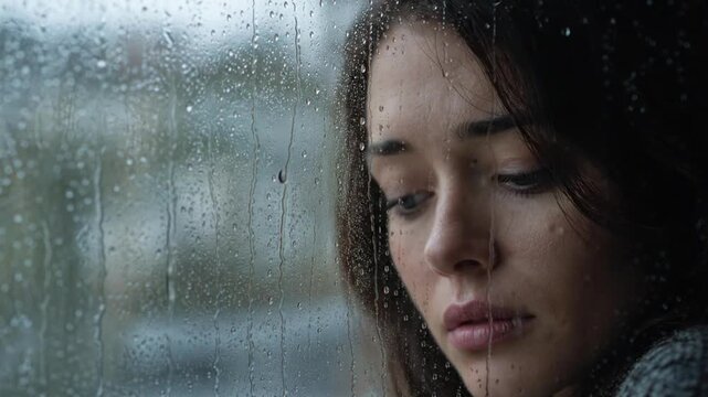 Sad Woman Looking Through Rain-Drenched Window