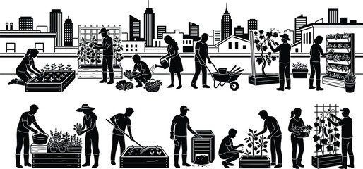 Fototapeta premium People urban gardening on rooftop with city skyline isolated on white background, Vector