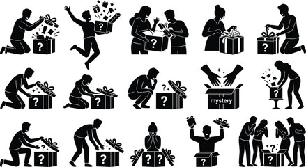 Obraz premium People reacting to gift box surprises isolated on white background, Vector