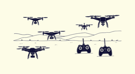 Line art illustration of multiple drones flying and remote controllers over a hilly landscape. © Bilkis Islam