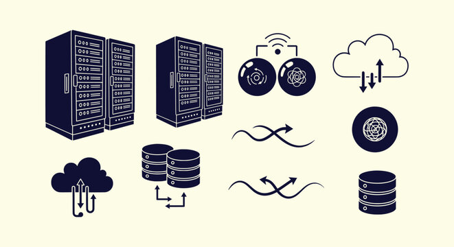 Professional Server Rack and Cloud Database Icon Collection for Network Technology and Data Storage