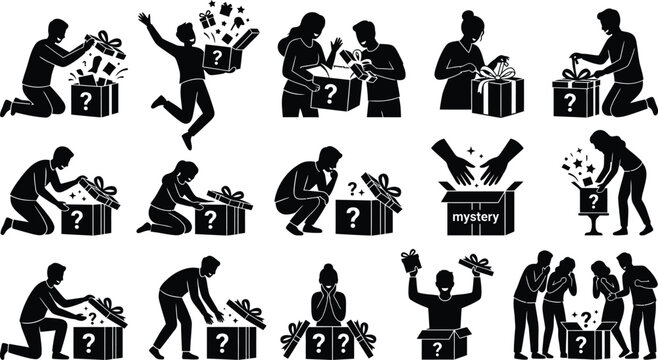 People reacting to gift box surprises isolated on white background, Vector