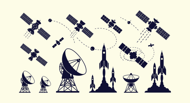 Space exploration technology icons set with launching rockets, orbiting satellites and radar dishes