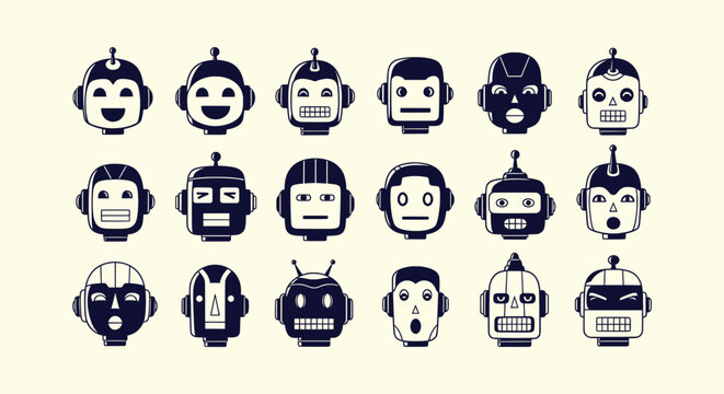 Retro Robot Head Icons Set Vintage Bot Facial Expressions Emoji Collection Flat Vector Illustration