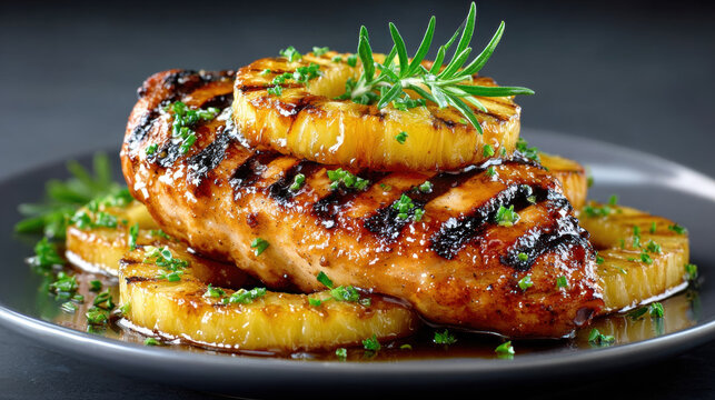 Fruits in savory dishes, Grilled chicken breast served with a caramelized pineapple ring on a plate.