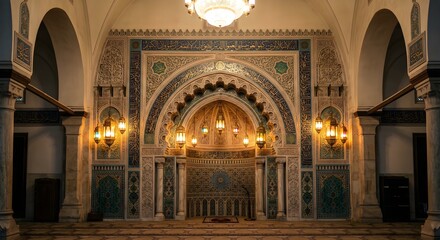 Obraz premium Magnificent Mosque Interior with Intricate Tile Patterns Arches and Glowing Traditional Lanterns