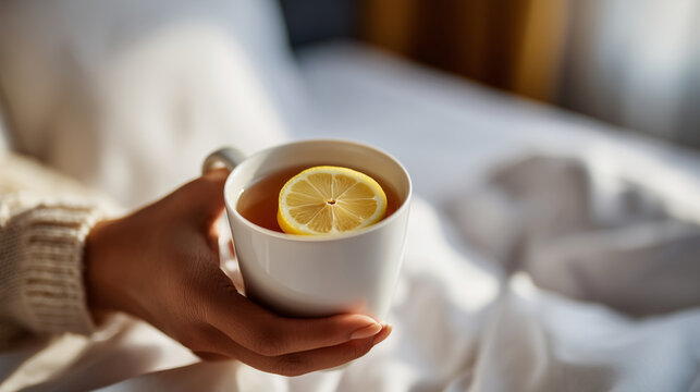 Macro close-up of a hand holding a warm cup of herbal tea with a lemon slice while lying in a white hotel bed, wellness recovery, stomach soothing, gentle sunlight, hospitality det