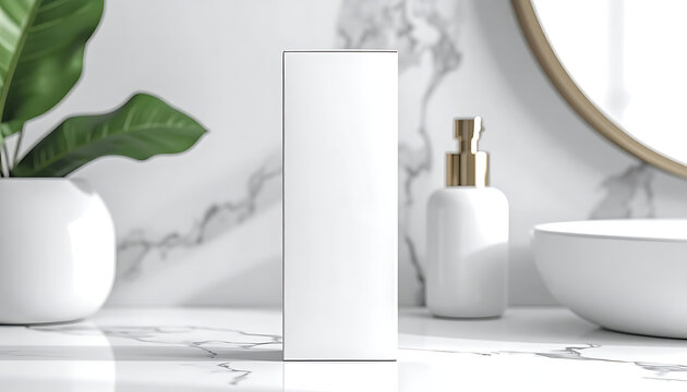 Clean white rectangular product box mockup on a marble countertop with a bottle and green plant, ideal for beauty or skincare packaging presentation