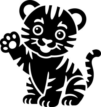 black, silhouette, tiger, tiger cub, cute, cartoon, animal, wildlife, mammal, feline, stripes, smiling, waving, paw, white background, eps10