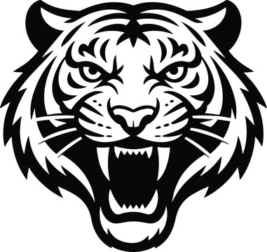 tiger, tiger head, roaring, fierce, black silhouette, animal, wildlife, mouth open, sharp teeth, whiskers, fur, black and Fierce tiger head in black silhouette, roaring with open mouth and sharp teeth