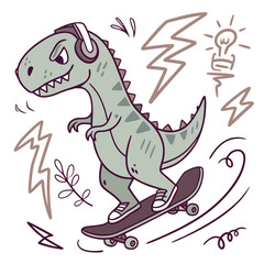 Fototapeta premium Cartoon tyrannosaurus rex skateboarding with headphones and lightning bolts