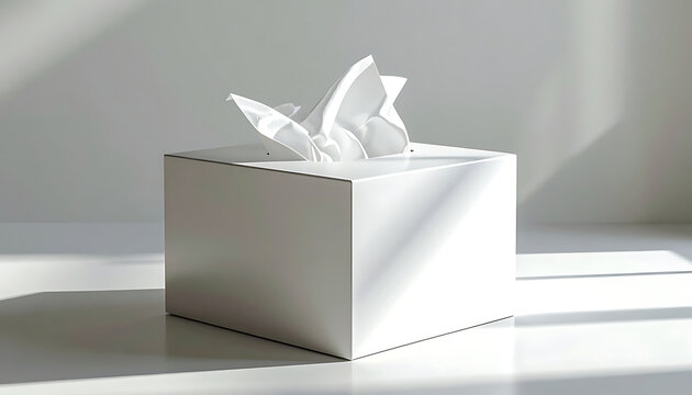 Clean white tissue box with crumpled tissues emerging, soft light and shadows casting geometric patterns on a neutral surface, minimalist home essential