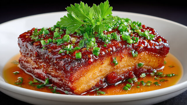 Fruits in savory dishes, Pork belly braised with pineapple and soy sauce in a glossy glaze presentation