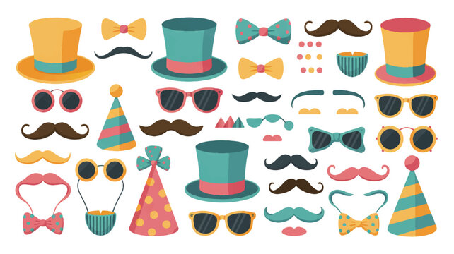 Colorful cartoon party accessories and props for fun and celebration  hats sunglasses mustaches