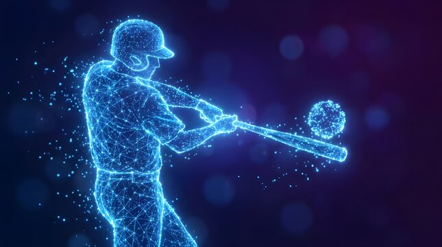 Digital blue glowing baseball player swinging a bat at ball