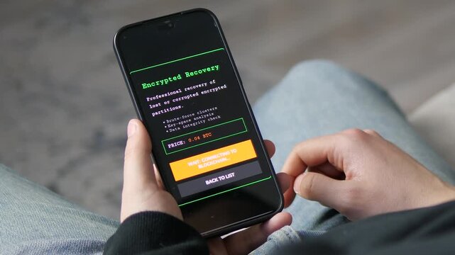Professional encrypted recovery service displayed on a smartphone. The screen shows options for brute-force clusters and data integrity checks. Perfect for cybersecurity, ethical hacking, and data