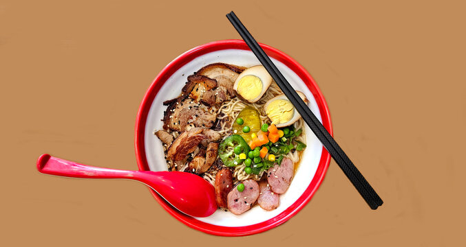 Chashu pork belly ramen is an iconic Japanese dish, a delicious broth with noodles and marinated egg from Asian cuisine