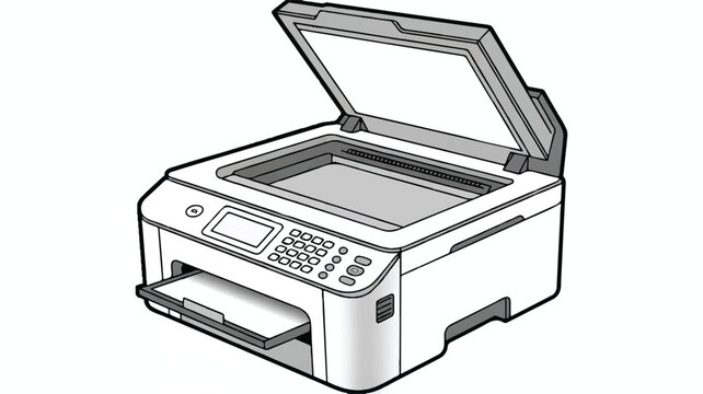 Illustration of a multifunctional printer with open top lid and paper tray