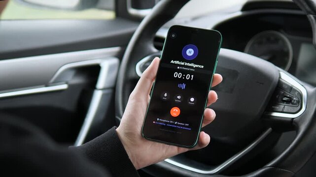 Receiving an incoming call from Artificial Intelligence on a smartphone. The screen displays a pause button and answer, decline options. Perfect for AI technology, voice assistants, and smart mobility