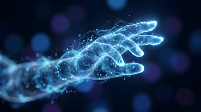 Glowing digital hand reaching forward in a futuristic light composition
