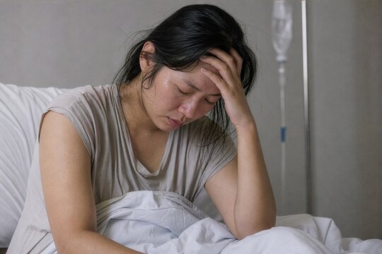 Relentless fever's grip holds a young woman captive in a medical ward