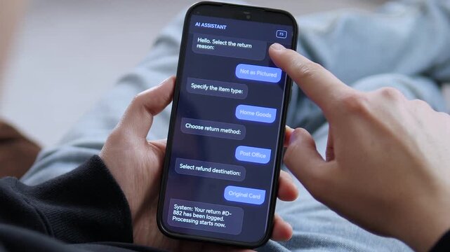 Using an AI assistant to process a product return. The user selects "Not as Pictured" and "Home Goods" via a chat interface. Perfect for e-commerce, customer support automation, and AI chatbot visuals