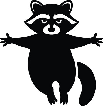 raccoon, black silhouette, white background, outstretched arms, animal, wildlife, cartoon, mascot, symbol, racoon, mammal, fores Black silhouette of a raccoon with outstretched arms and white markings