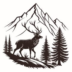 Stag deer standing in mountain forest landscape illustration with mountain © SAGOR