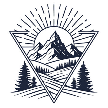 Mountain wilderness illustration in inverted triangle frame with sun, triangle