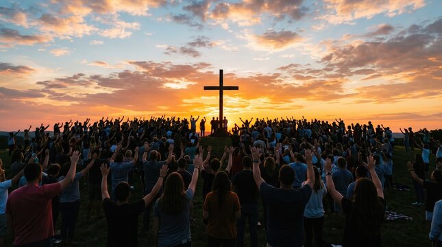 Large group of people gathered around a cross at sunset