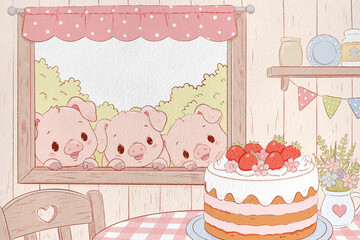 Cute Piglets Looking at Strawberry Cake Watercolor Illustration © Ірина Горбаченко