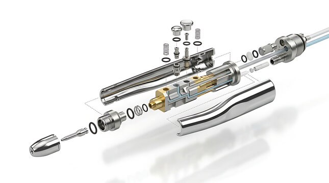 Technical exploded diagram of a professional dental instrument illustrating the precision engineering and assembly of components used in modern clinical dentistry for effective patient treatment.