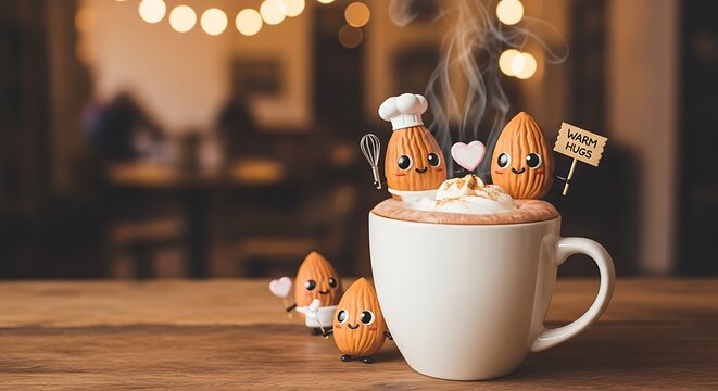 Whimsical cartoon eggs in coffee cup.