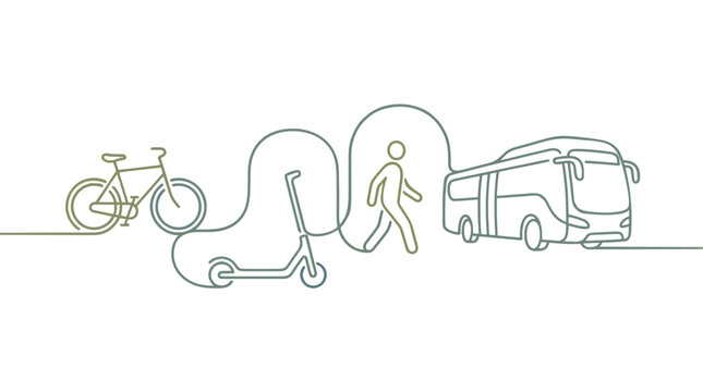 Modern urban transportation line art showing various modes of sustainable travel linked by a continuous path on a light background.
