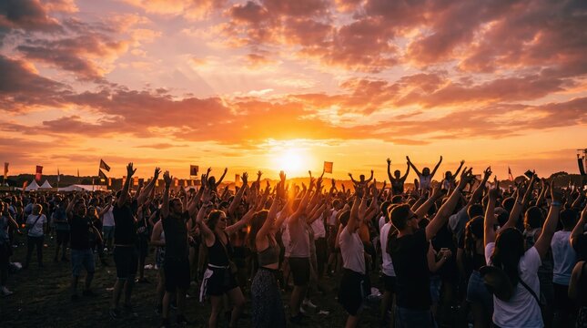 Festival crowd silhouetted against vibrant sunset sky