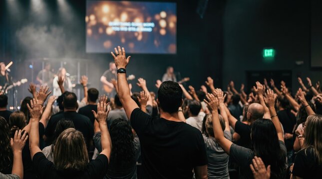 Contemporary worship service with raised hands and stage lighting