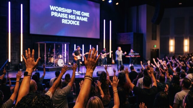 Contemporary christian worship service with raised hands and stage lighting