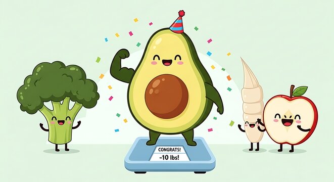 Avocado on scale with healthy food friends.