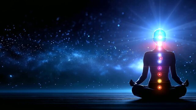 Silhouette of a faceless person meditating with seven glowing chakras against a galaxy background in a digital art concept illustrating spirituality, energy healing, and cosmic