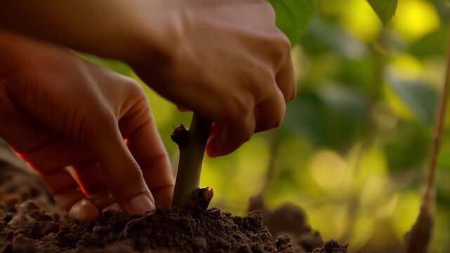 Hands carefully place young sapling into rich dark soil while sunlight filters through green leaves creating perfect scene for outdoor gardening activities and home cultivation projects