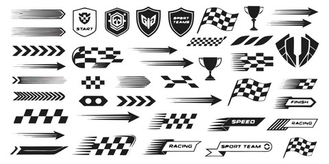 Speed racing elements with checkered flags trophies and shields for sport competition design © Lamisa