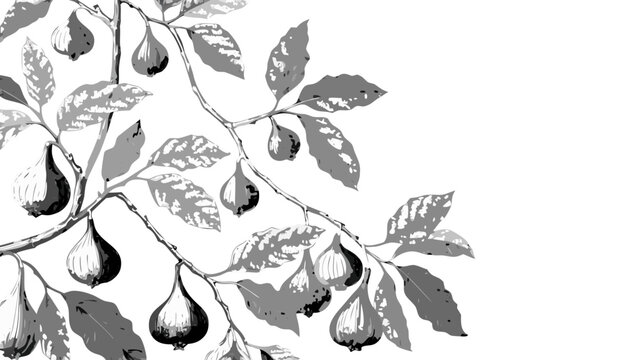 Ripe figs hanging on a branch with leaves in soft natural light and copy space for design