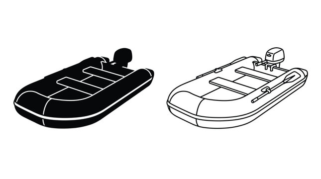 Inflatable boat silhouette and line drawing with outboard motor