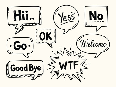 hand drawn speech bubbles with various greetings and responses in black and white