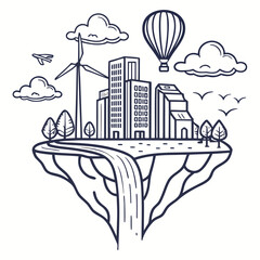 Floating island city with wind turbine and hot air balloon floating buildings © ni